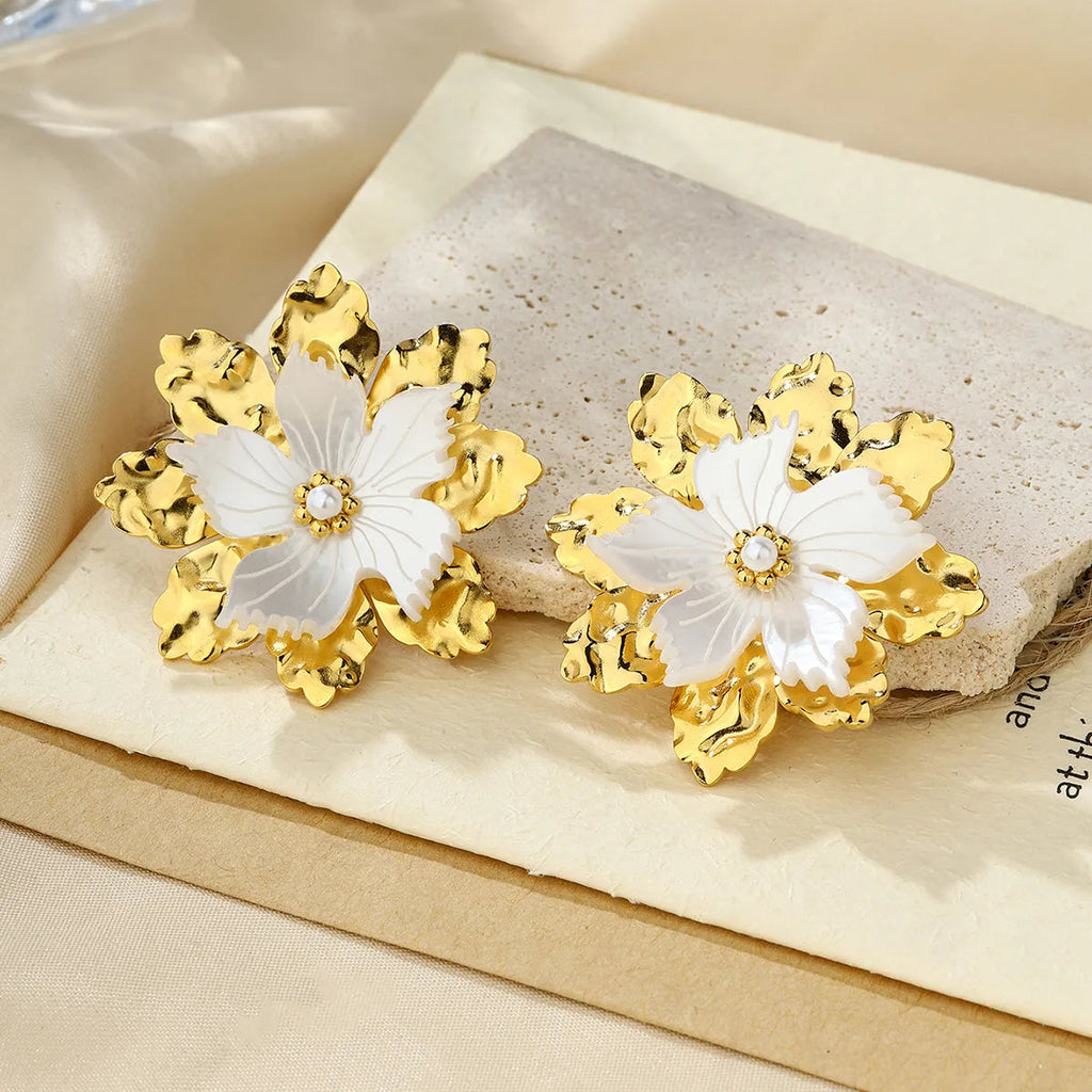 Golden Shell Flower Stud Earrings