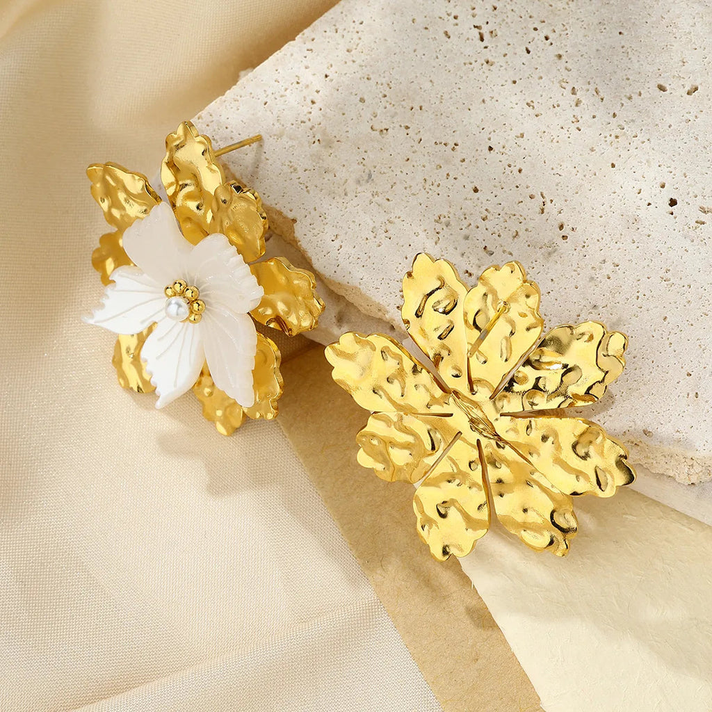 Golden Shell Flower Stud Earrings