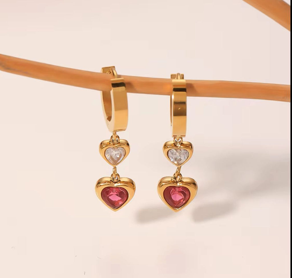 Double Hearts Pendants Huggie Earrings