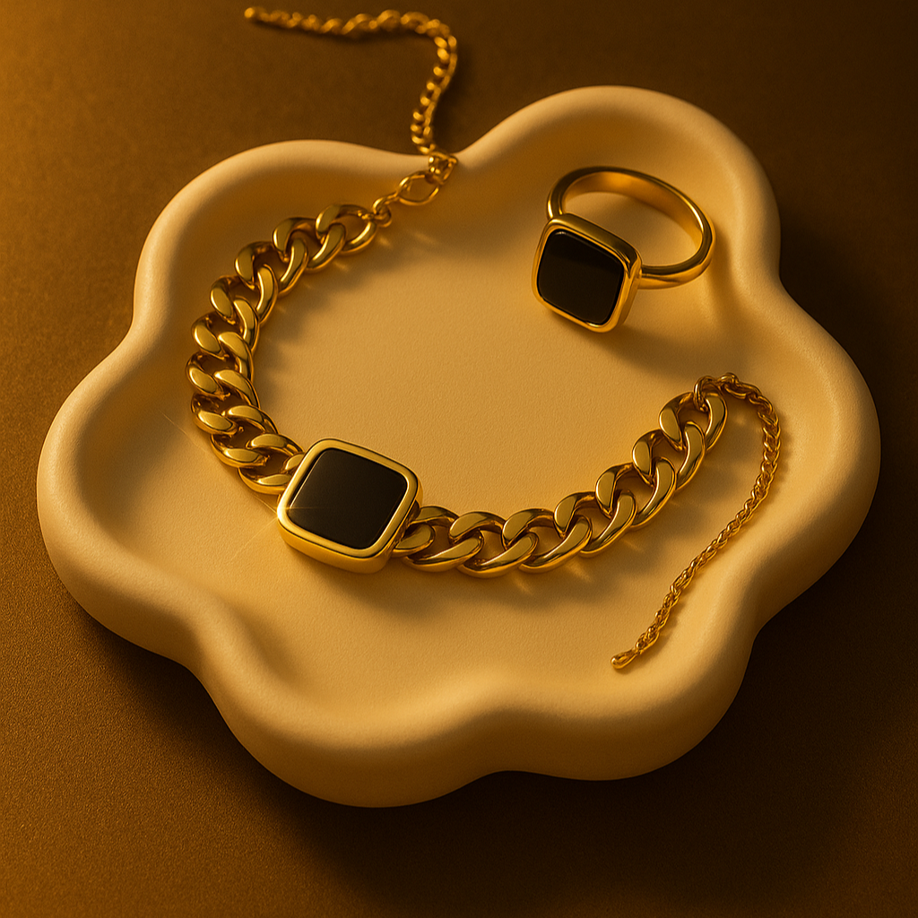 Elegant Black Square Bracelet & Ring Set