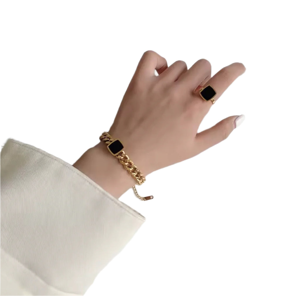 Elegant Black Square Bracelet & Ring Set