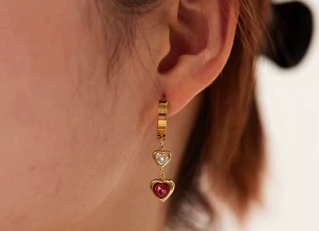 Double Hearts Pendants Huggie Earrings