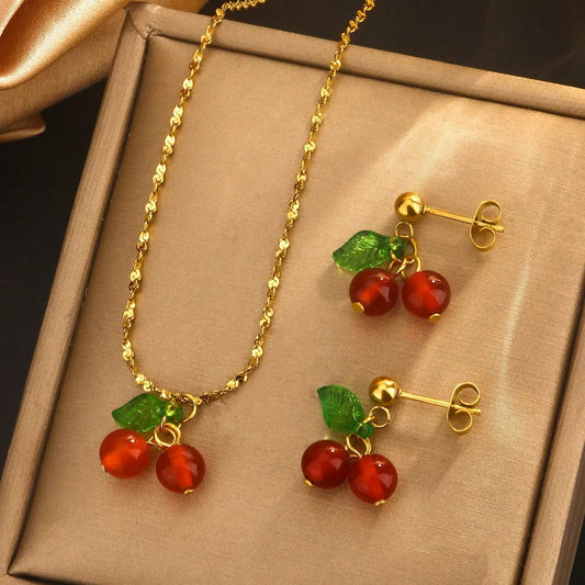 Cherry Charm Jewelry Set - 304 Stainless Steel